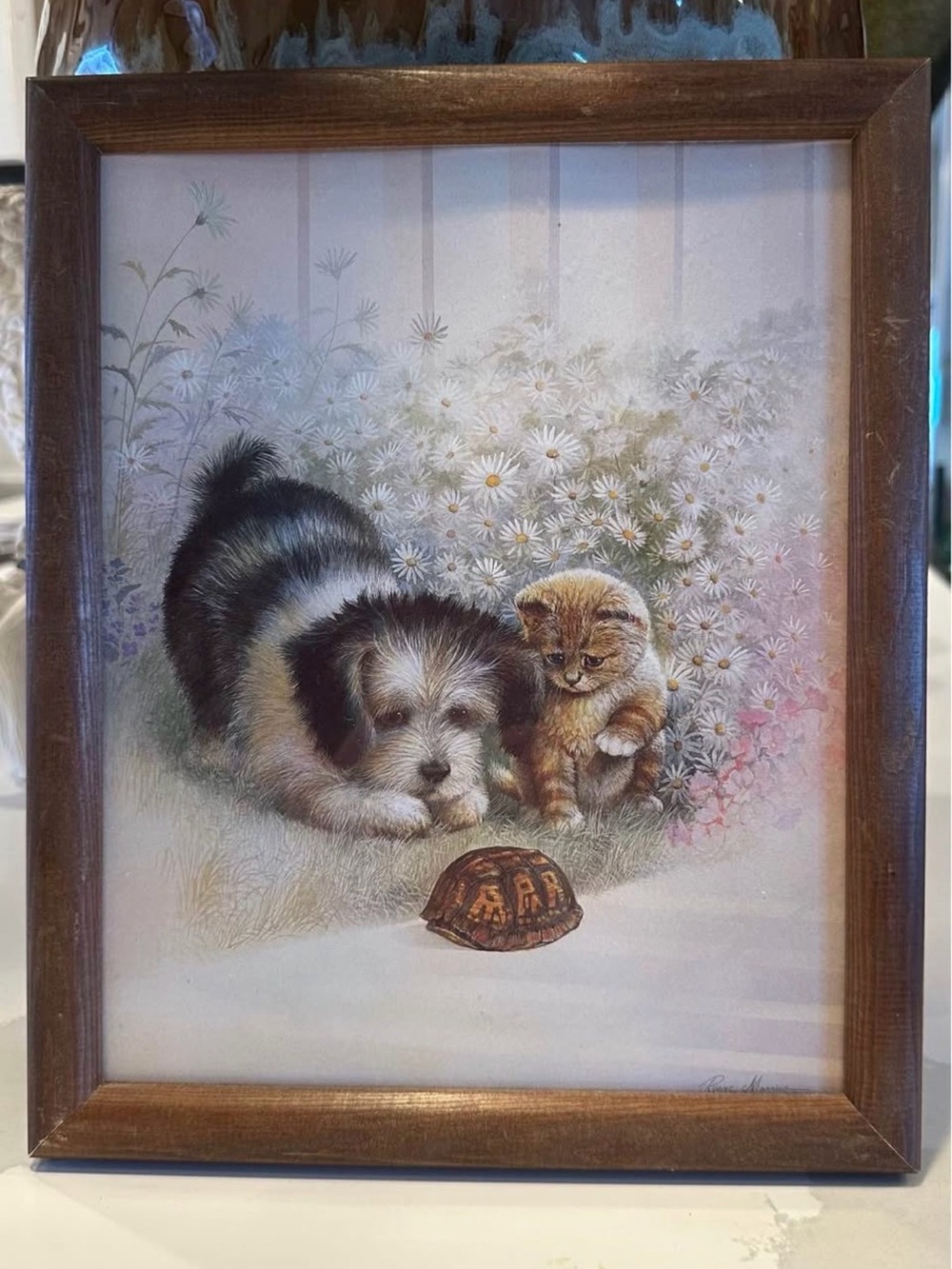 Framed Pet Art Print Featuring Puppy and Kitten in Brown Frame
